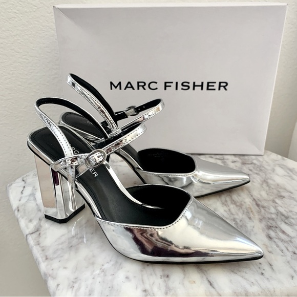 Marc Fisher Doster Slingback Block Heels Pumps in Metallic Silver 6 - Picture 1 of 11
